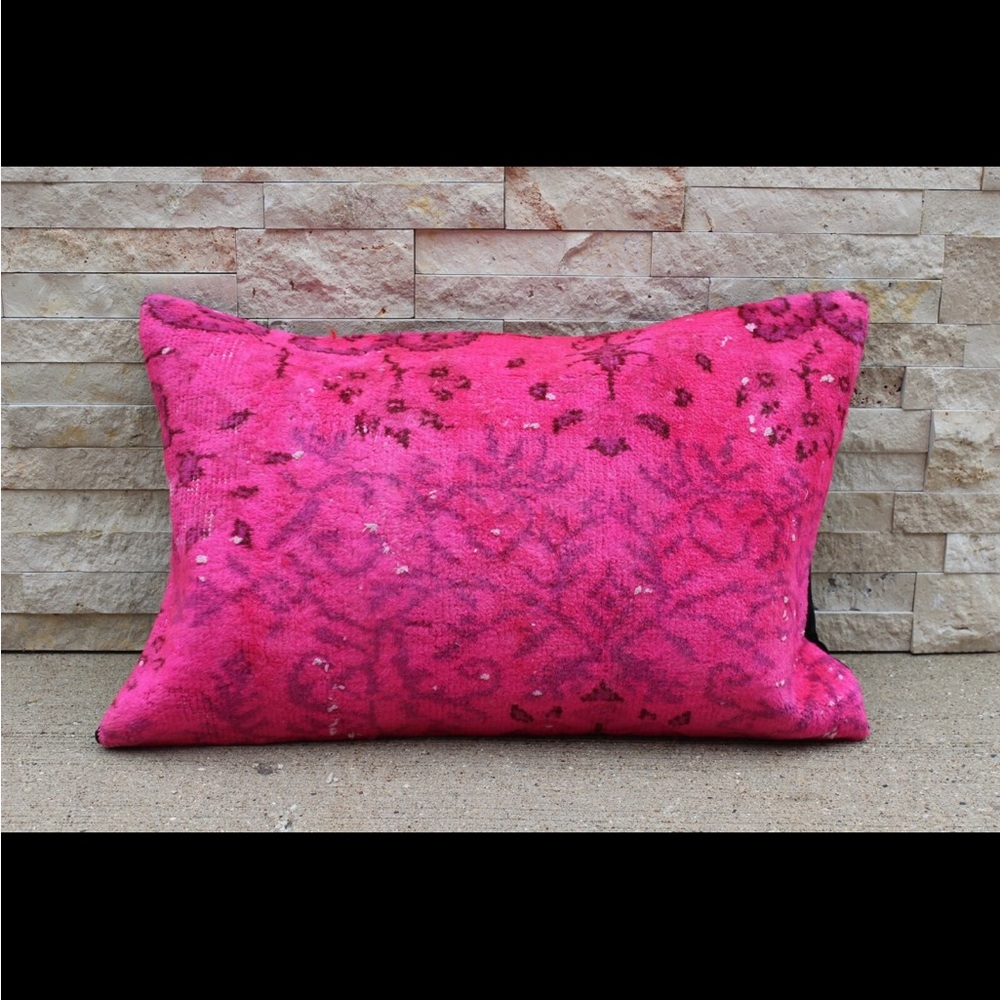 16” X 24”  Hot Pink Hand-knotted Vintage Lumbar Rug Pillow Cover